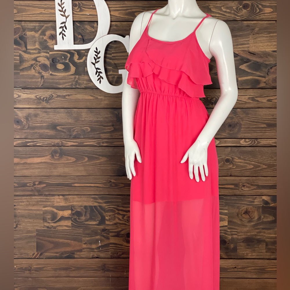 Trixxi | Open Strappy Back Aztec Tiered Ruffle Sheer Chiffon Maxi Dress Hot Pink